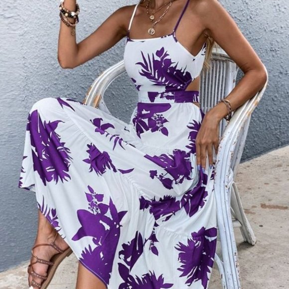 Boho purple white floral tropical print tie back maxi dress - Picture 7 of 7